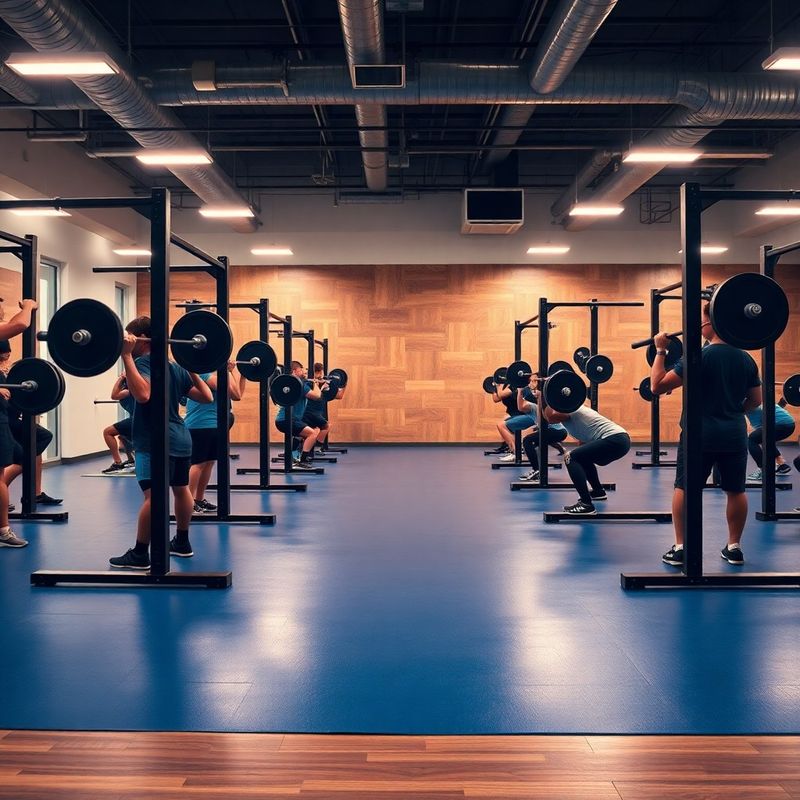A 12-person group fitness class mid-squat at Greenwood Group power racks under warm directional lighting