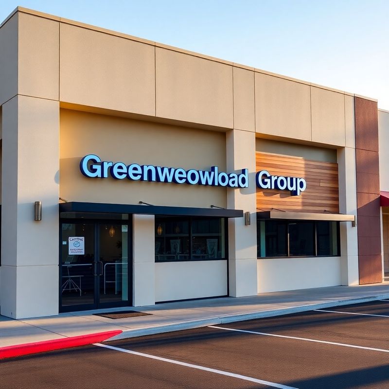 Modern exterior of the Greenwood Group gym building on Midway Drive in San Diego, with ink-blue and white backlit signage