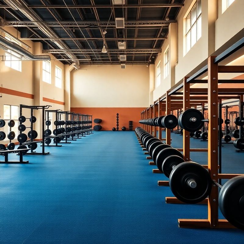 Commercial-grade power racks lined up across the ink-blue Greenwood Group training floor under warm-white overhead lighting