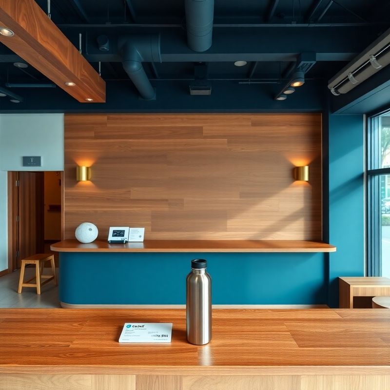 Membership card and steel water bottle on a walnut front-desk counter at Greenwood Group